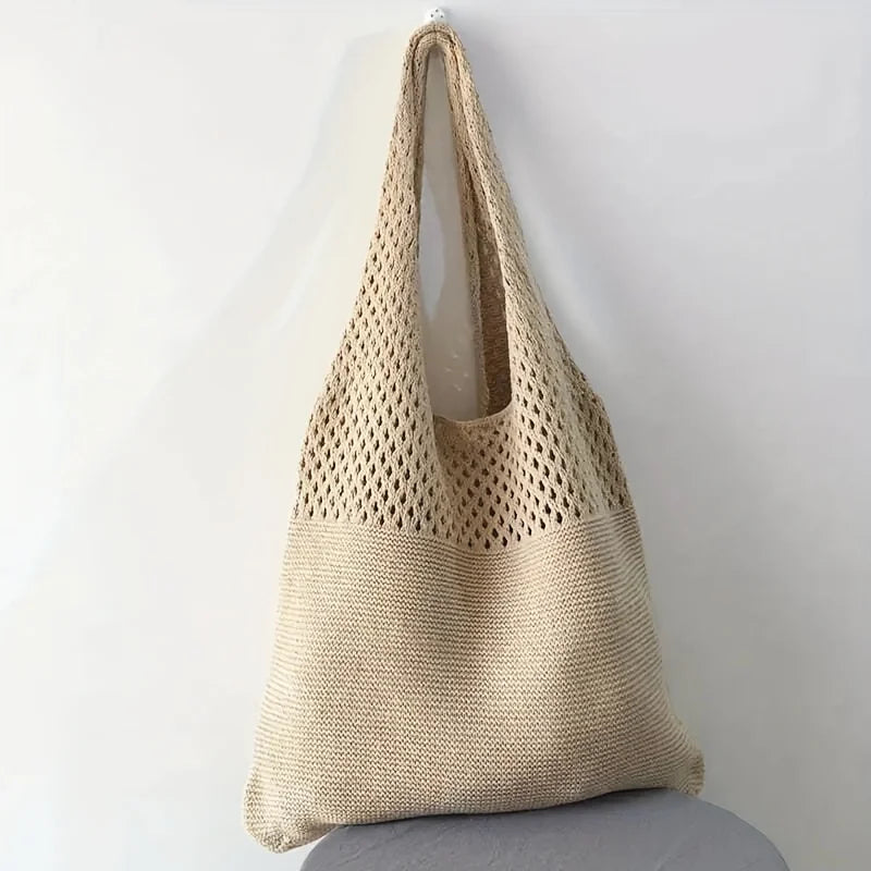 Women's Bohemian Knit Tote Bag with Openwork Design Nylon Shoulder Bag for Casual Outings & Beach Trips, Fashion Beach Tote Bag