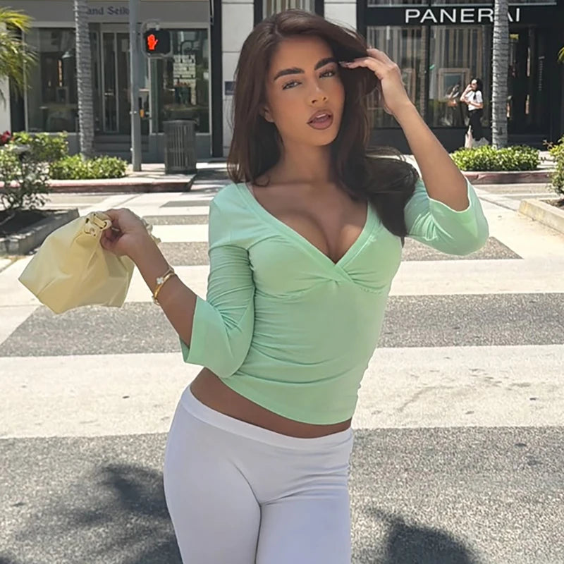 Summer V Neck T-shirts Women Tops 2026 Sexy Slim Fit T-Shirt Solid Harajuku Streetwear Basic Y2K Slim Shirts Tee Tops