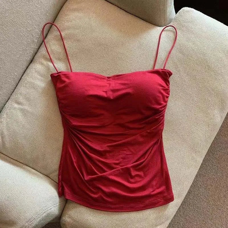 Summer Camisoles Tank Tops Women With Built In Bra  Strap Tanks Vest Sleeveless Tees Cropped Top Solid Color Casual Top