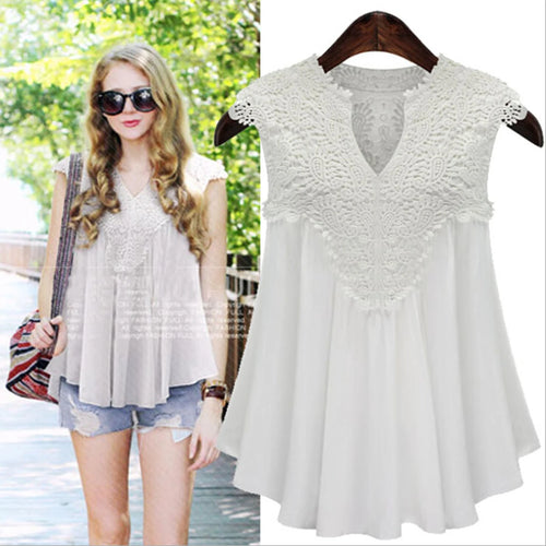 Blusa de gasa y encaje con cuello en V — MIUVIU