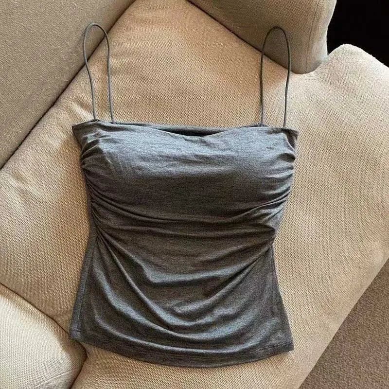 Summer Camisoles Tank Tops Women With Built In Bra  Strap Tanks Vest Sleeveless Tees Cropped Top Solid Color Casual Top