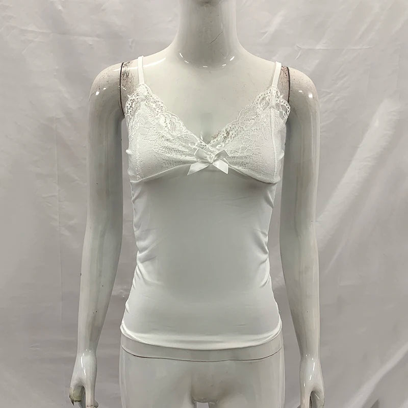 Women's Summer New Low Cut V-Neck Vest Slim Lace Top Bow Solid Color Sexy Lightweight Top