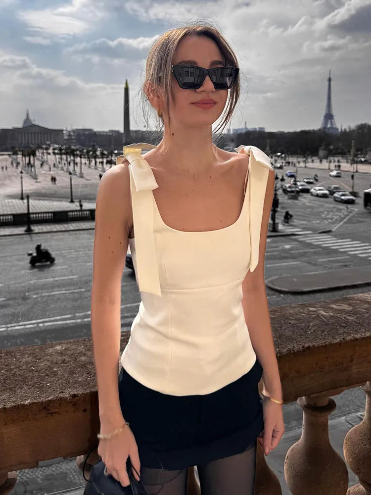HH Summer Woman Elegant High Street Solid Side Zipper Slim Tops Women's Chic Sexy Sleeveless Bow Square Collar Sling Top