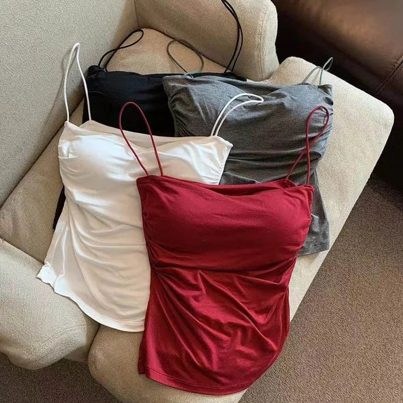 Summer Camisoles Tank Tops Women With Built In Bra  Strap Tanks Vest Sleeveless Tees Cropped Top Solid Color Casual Top