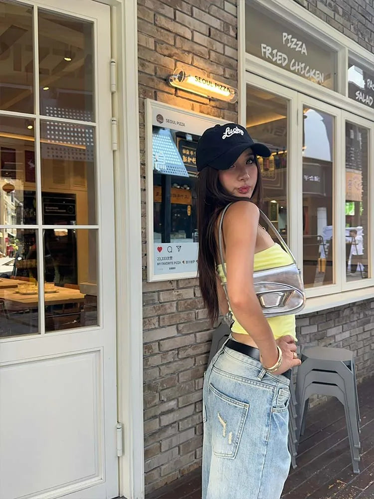 Summer Vitality Dopamine Off Shoulder Elastic Solid Color strapless Double Layer Fabric Spicy Girl Sexy Top