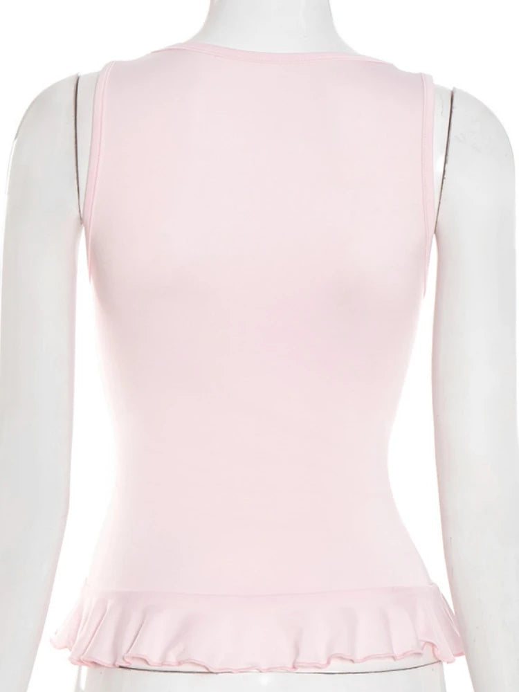 V-neck Tank Top Women Clothing Ruffles Camison Verano Pink Cute Crop Tops Slim Fit Ropa De Mujer Y2k Accessories Streetwear