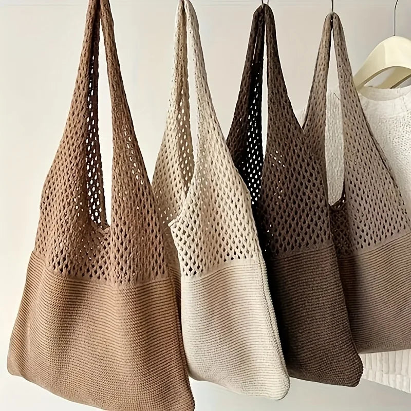 Women's Bohemian Knit Tote Bag with Openwork Design Nylon Shoulder Bag for Casual Outings & Beach Trips, Fashion Beach Tote Bag