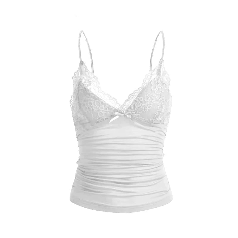 Women's Summer New Low Cut V-Neck Vest Slim Lace Top Bow Solid Color Sexy Lightweight Top