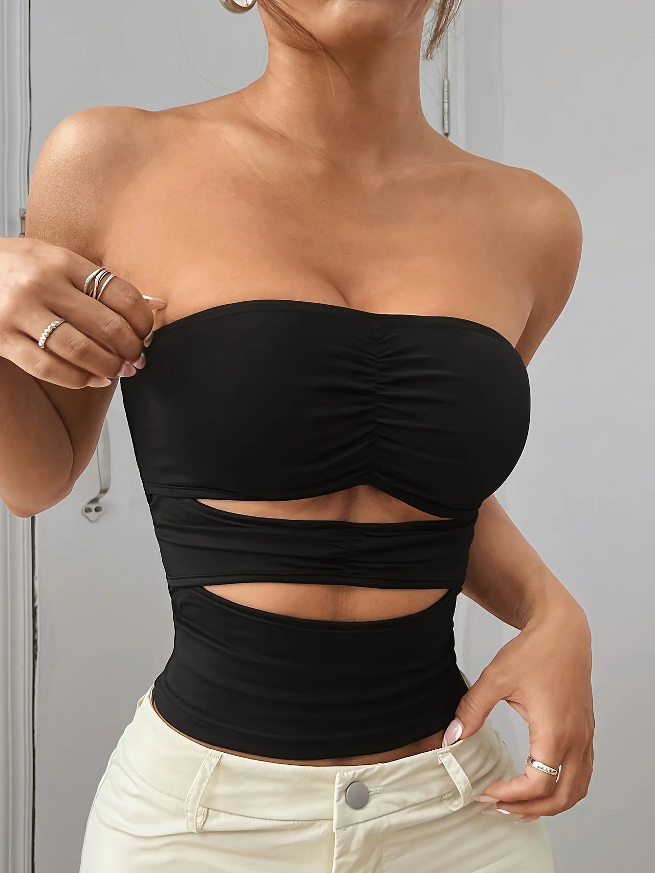 New Summer Hot Girl Tube Top, Pleated Push-up Cups   Side Cutout Design, Stretchy Slim Fit Strapless Top