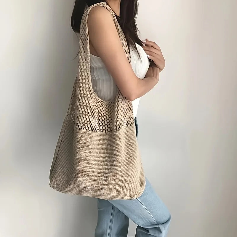 Women's Bohemian Knit Tote Bag with Openwork Design Nylon Shoulder Bag for Casual Outings & Beach Trips, Fashion Beach Tote Bag