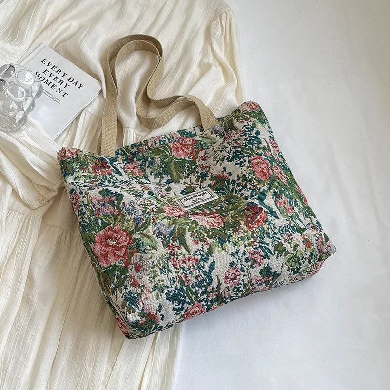 Stylish Corduroy Tote Bag for Women Bohemian Ethnic Style Shoulder Bag for Daily Commuting Shopper Office Worker College Student