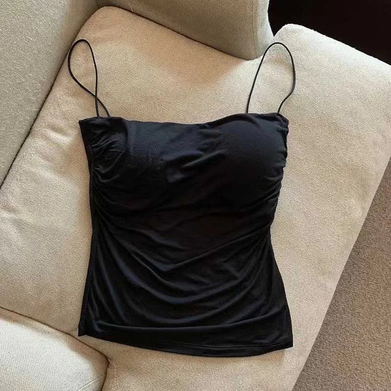 Summer Camisoles Tank Tops Women With Built In Bra  Strap Tanks Vest Sleeveless Tees Cropped Top Solid Color Casual Top