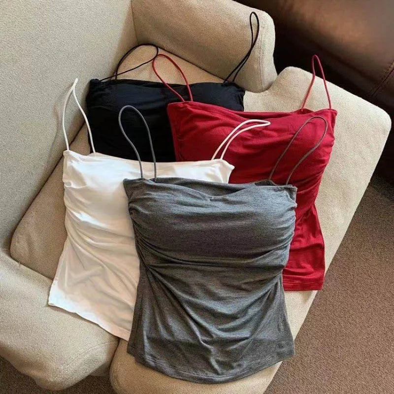 Summer Camisoles Tank Tops Women With Built In Bra  Strap Tanks Vest Sleeveless Tees Cropped Top Solid Color Casual Top
