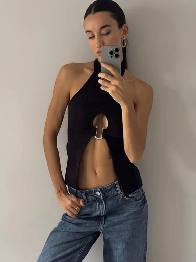 Neck-mounted Halter Top Hollow Out Hot Tops For Women Edgy Clothes Y2k Accessories Camison Verano Rave Outfit Ropa De Mujer