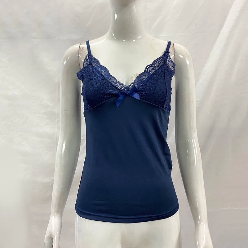 Women's Summer New Low Cut V-Neck Vest Slim Lace Top Bow Solid Color Sexy Lightweight Top