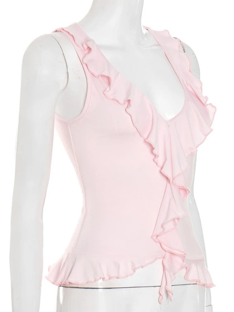 V-neck Tank Top Women Clothing Ruffles Camison Verano Pink Cute Crop Tops Slim Fit Ropa De Mujer Y2k Accessories Streetwear