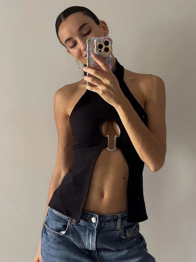 Neck-mounted Halter Top Hollow Out Hot Tops For Women Edgy Clothes Y2k Accessories Camison Verano Rave Outfit Ropa De Mujer