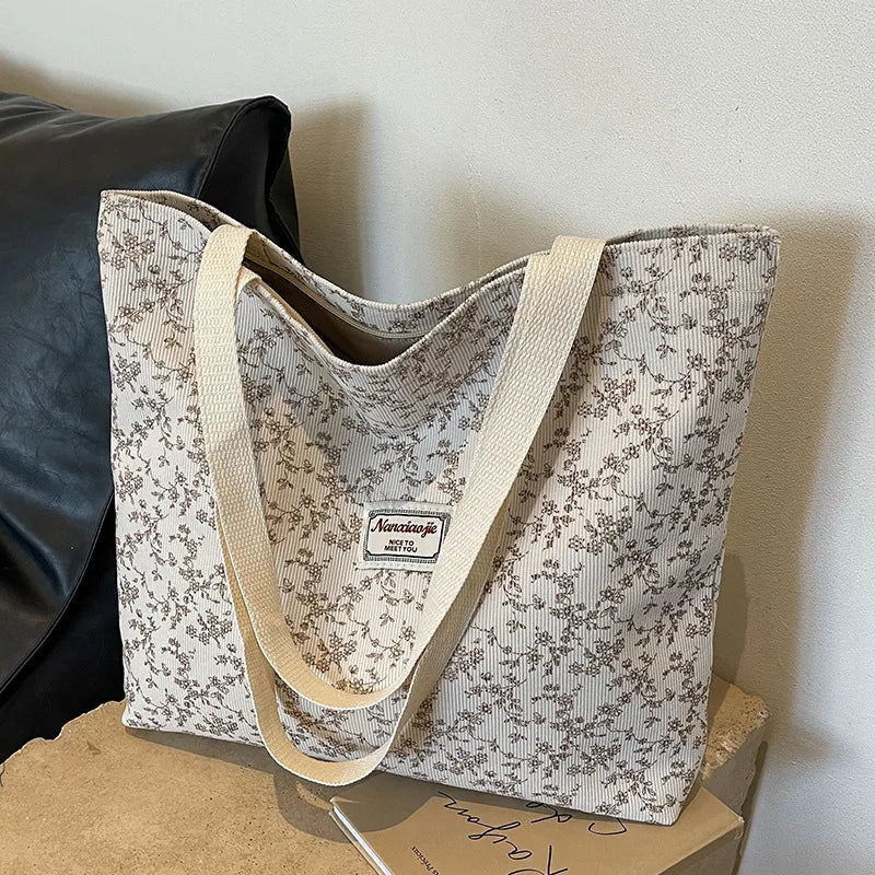 Stylish Corduroy Tote Bag for Women Bohemian Ethnic Style Shoulder Bag for Daily Commuting Shopper Office Worker College Student