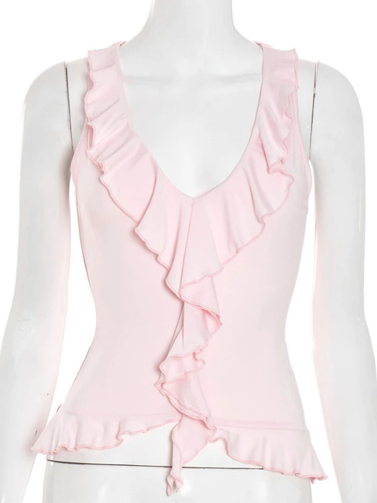 V-neck Tank Top Women Clothing Ruffles Camison Verano Pink Cute Crop Tops Slim Fit Ropa De Mujer Y2k Accessories Streetwear