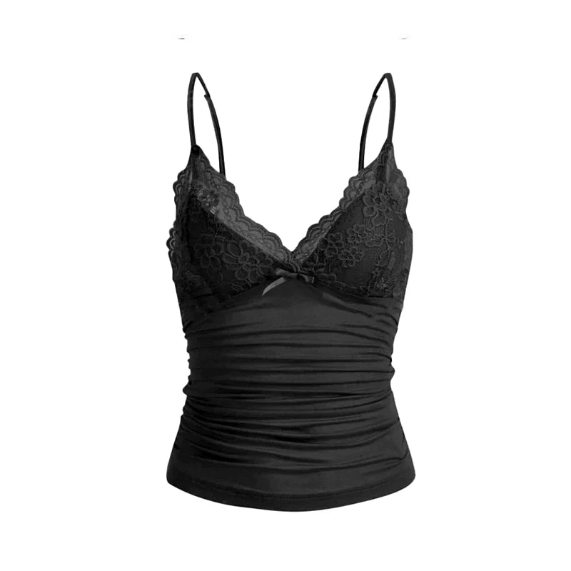 Women's Summer New Low Cut V-Neck Vest Slim Lace Top Bow Solid Color Sexy Lightweight Top