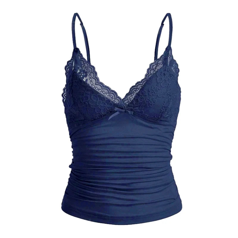 Women's Summer New Low Cut V-Neck Vest Slim Lace Top Bow Solid Color Sexy Lightweight Top