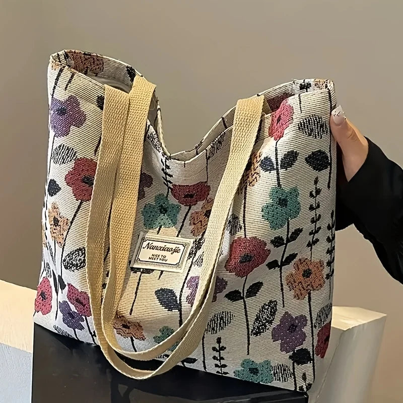 Stylish Corduroy Tote Bag for Women Bohemian Ethnic Style Shoulder Bag for Daily Commuting Shopper Office Worker College Student