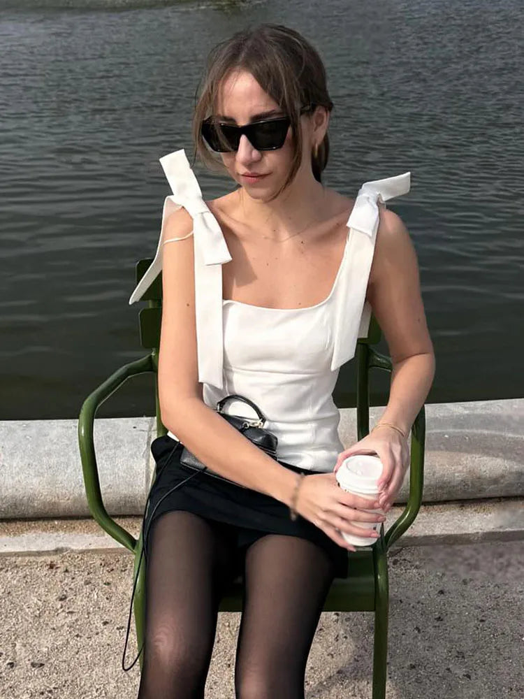 HH Summer Woman Elegant High Street Solid Side Zipper Slim Tops Women's Chic Sexy Sleeveless Bow Square Collar Sling Top