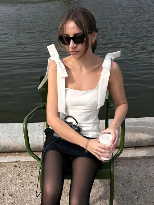 HH Summer Woman Elegant High Street Solid Side Zipper Slim Tops Women's Chic Sexy Sleeveless Bow Square Collar Sling Top