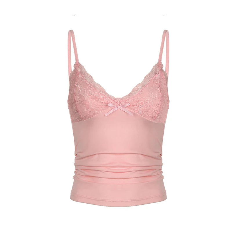 Women's Summer New Low Cut V-Neck Vest Slim Lace Top Bow Solid Color Sexy Lightweight Top