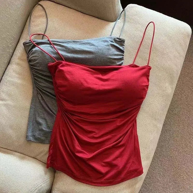 Summer Camisoles Tank Tops Women With Built In Bra  Strap Tanks Vest Sleeveless Tees Cropped Top Solid Color Casual Top
