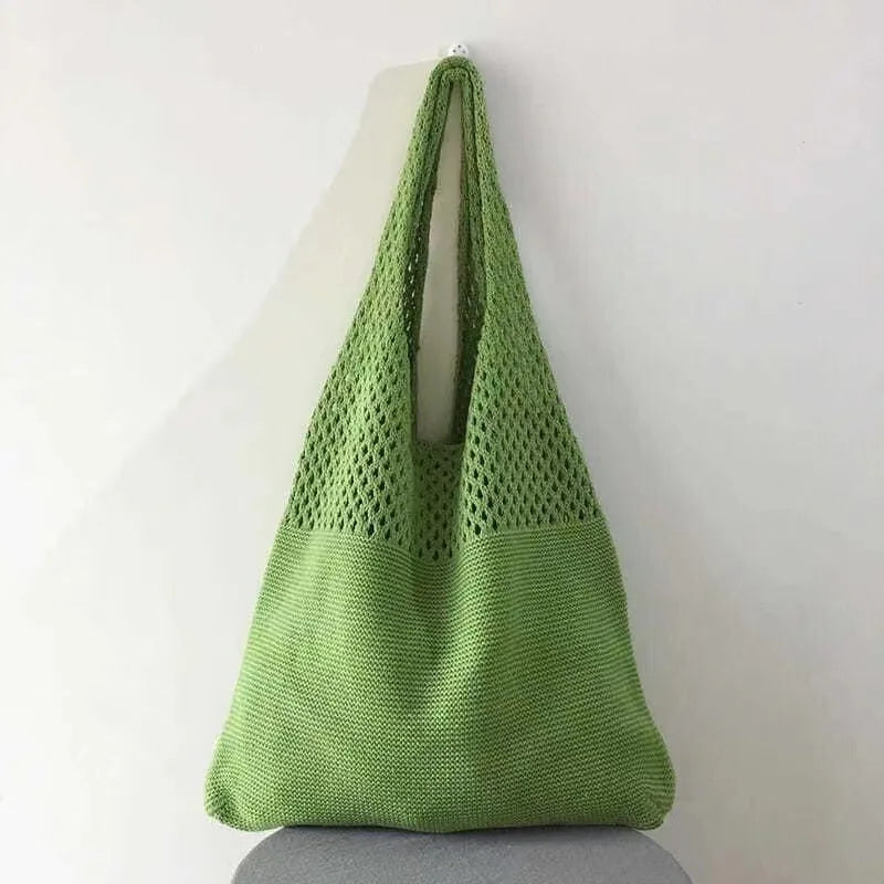 Women's Bohemian Knit Tote Bag with Openwork Design Nylon Shoulder Bag for Casual Outings & Beach Trips, Fashion Beach Tote Bag