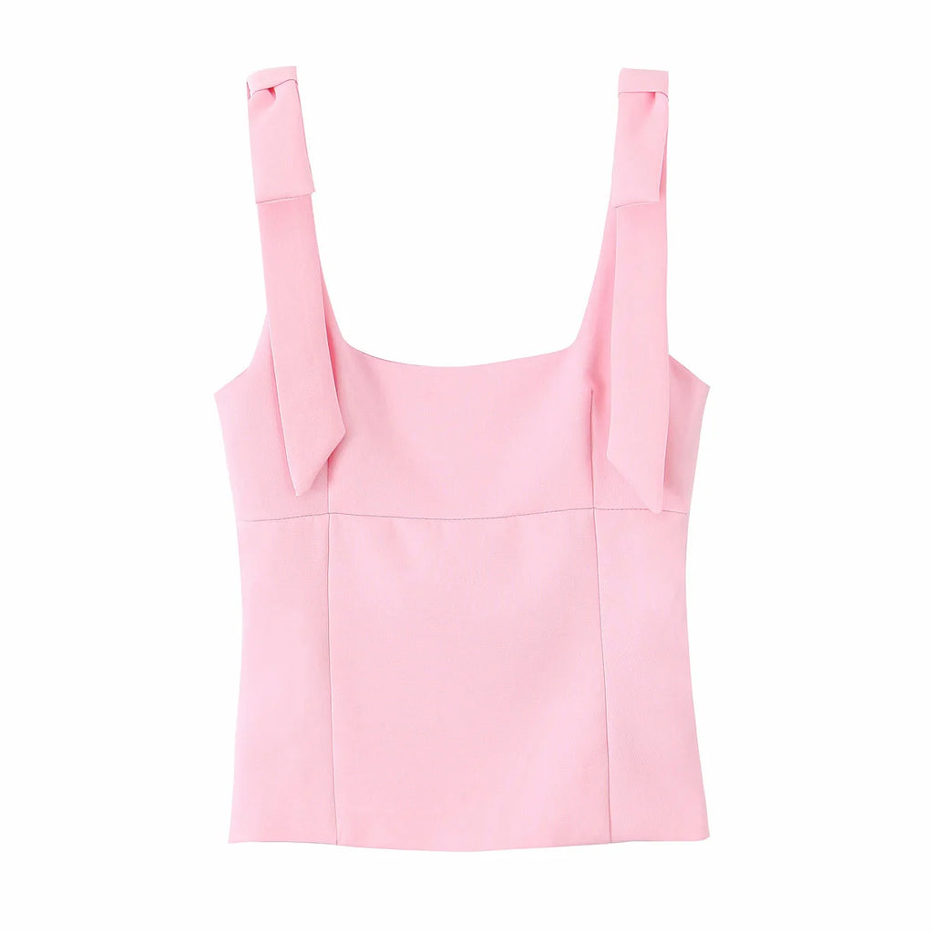 HH Summer Woman Elegant High Street Solid Side Zipper Slim Tops Women's Chic Sexy Sleeveless Bow Square Collar Sling Top