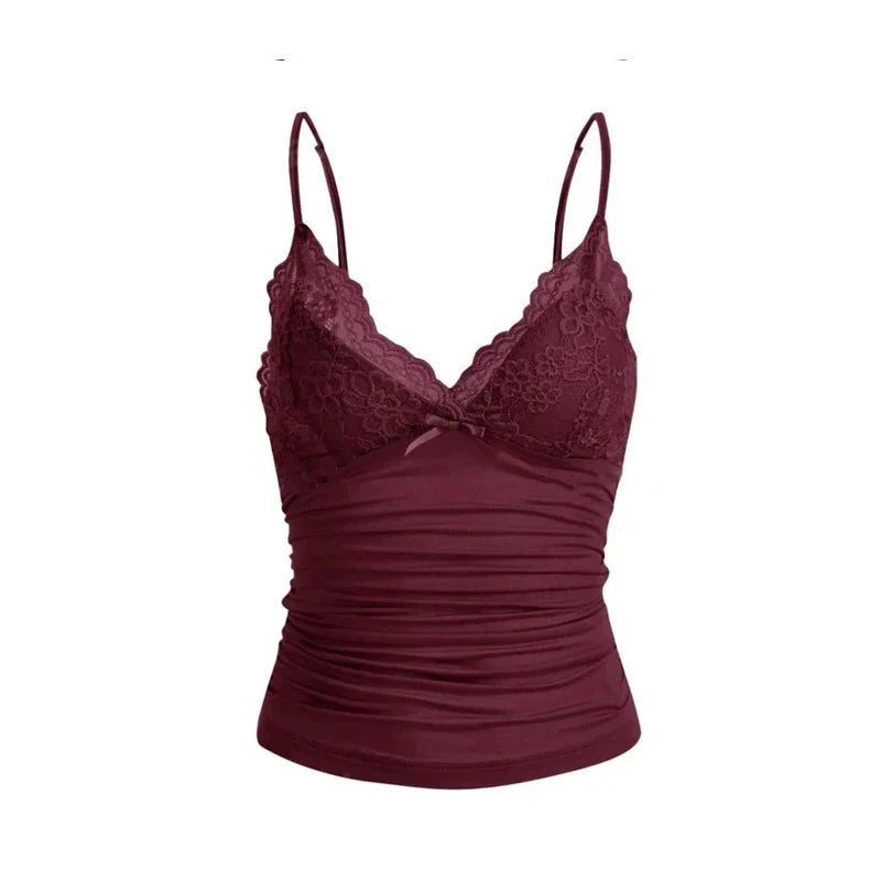 Women's Summer New Low Cut V-Neck Vest Slim Lace Top Bow Solid Color Sexy Lightweight Top