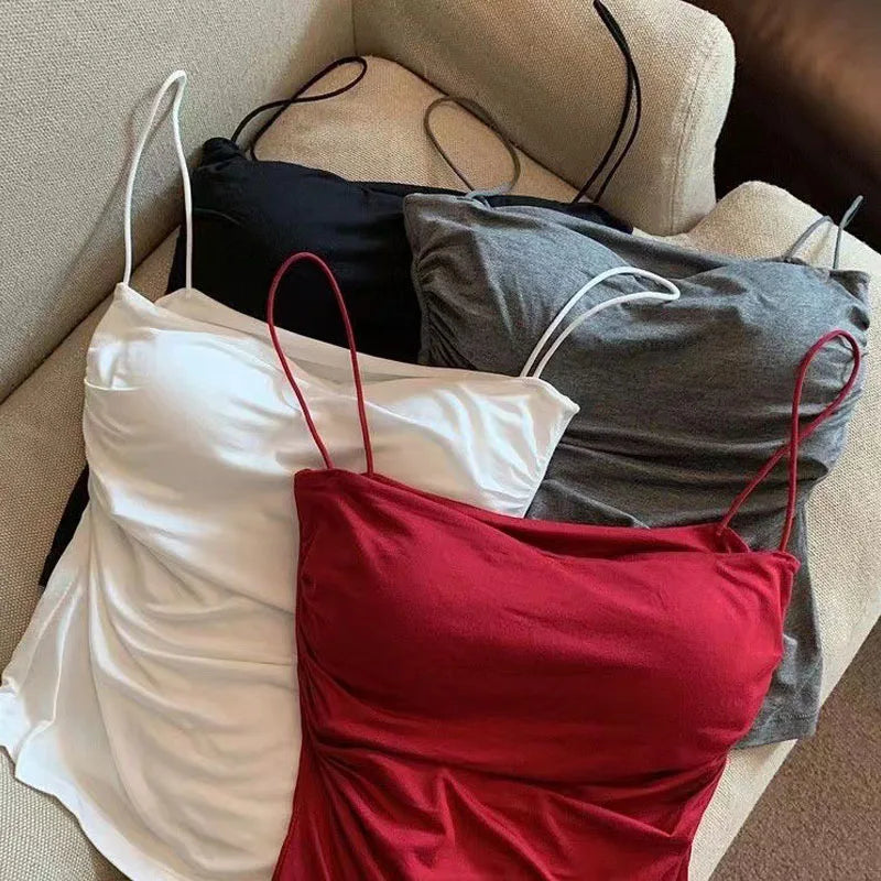 Summer Camisoles Tank Tops Women With Built In Bra  Strap Tanks Vest Sleeveless Tees Cropped Top Solid Color Casual Top