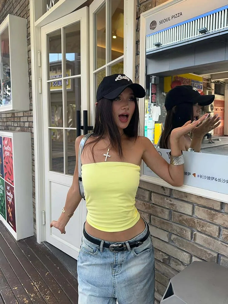 Summer Vitality Dopamine Off Shoulder Elastic Solid Color strapless Double Layer Fabric Spicy Girl Sexy Top