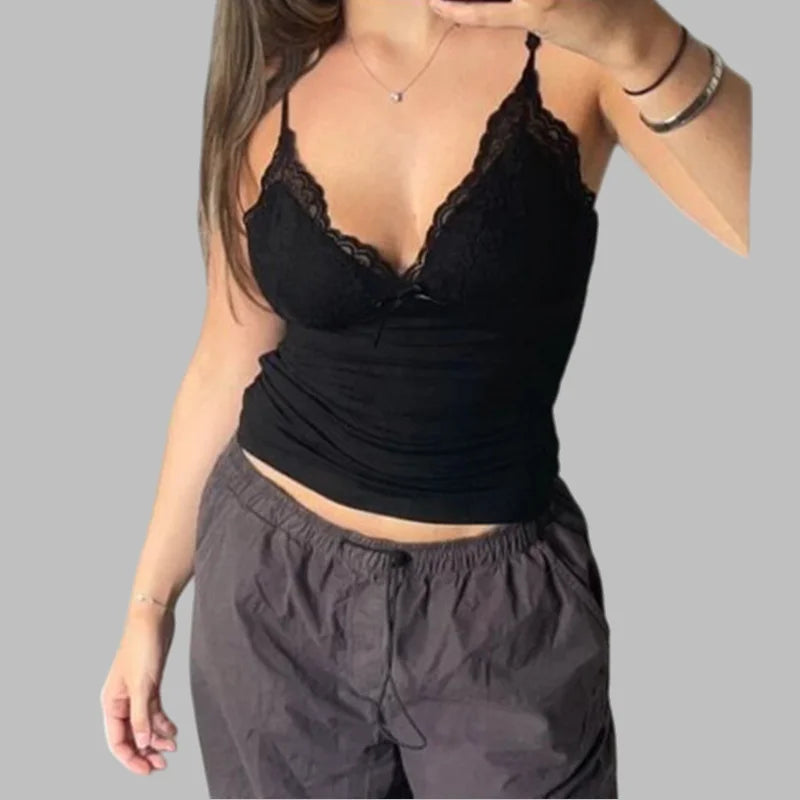 Women's Summer New Low Cut V-Neck Vest Slim Lace Top Bow Solid Color Sexy Lightweight Top