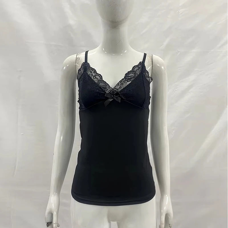 Women's Summer New Low Cut V-Neck Vest Slim Lace Top Bow Solid Color Sexy Lightweight Top