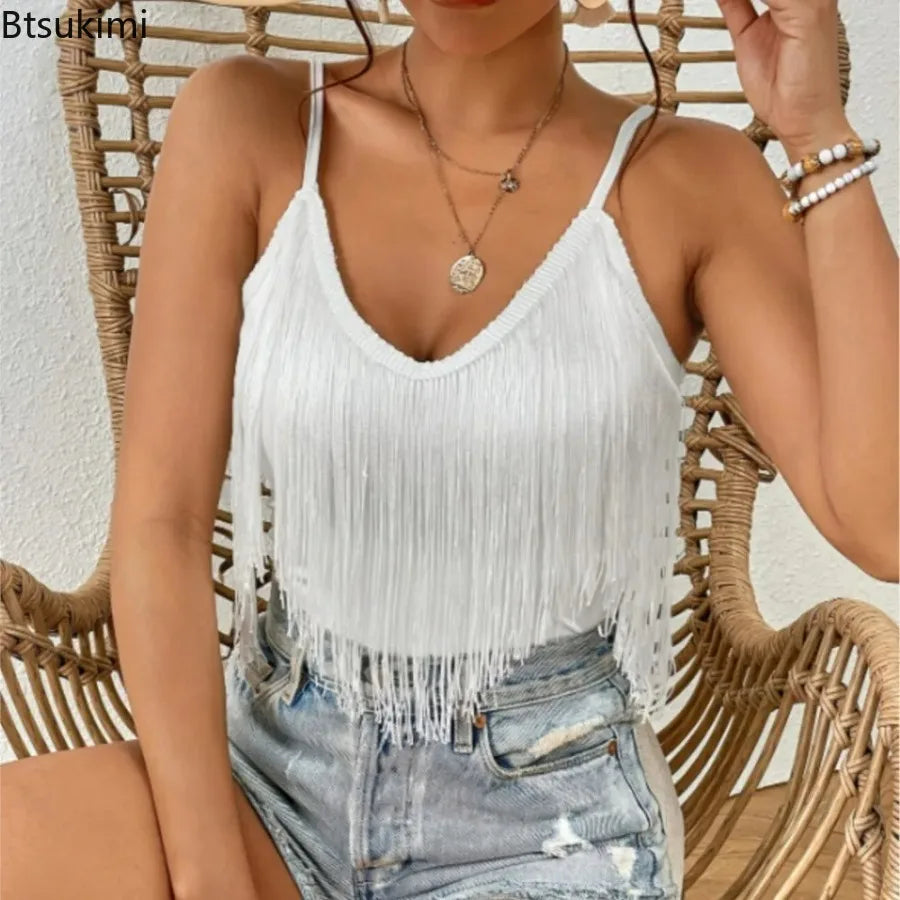 New Summer Tassel Suspender Top Women Fashion Solid Color Hottie Sexy V-neck Sleeveless Vest Suspender Ropa Mujer Топ Женский