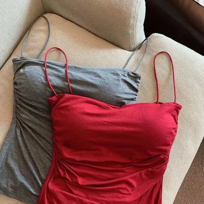 Summer Camisoles Tank Tops Women With Built In Bra  Strap Tanks Vest Sleeveless Tees Cropped Top Solid Color Casual Top