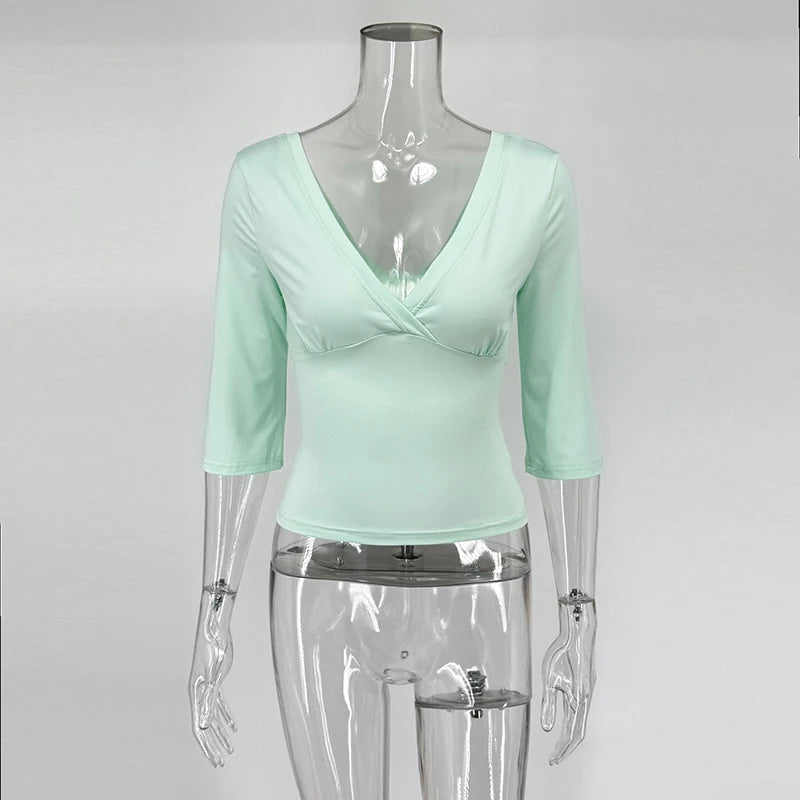 Summer V Neck T-shirts Women Tops 2026 Sexy Slim Fit T-Shirt Solid Harajuku Streetwear Basic Y2K Slim Shirts Tee Tops