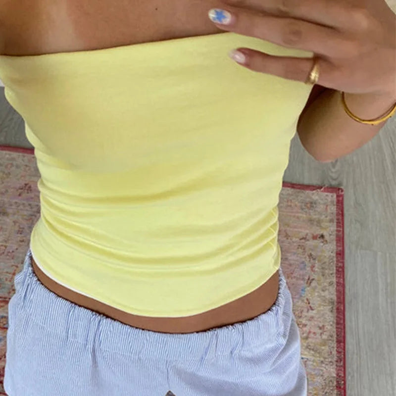 Summer Vitality Dopamine Off Shoulder Elastic Solid Color strapless Double Layer Fabric Spicy Girl Sexy Top