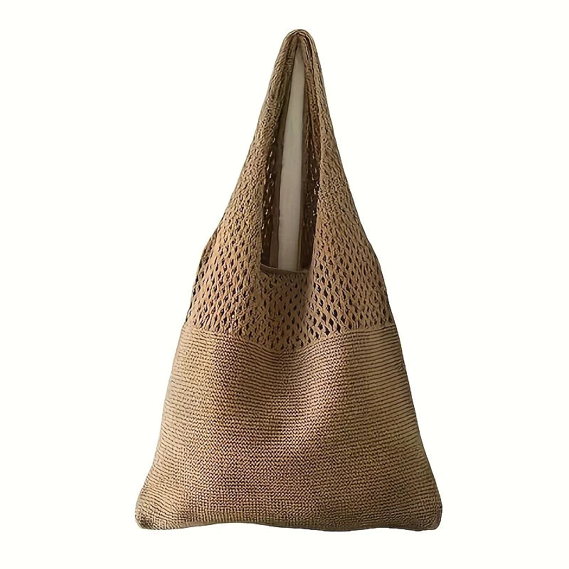Women's Bohemian Knit Tote Bag with Openwork Design Nylon Shoulder Bag for Casual Outings & Beach Trips, Fashion Beach Tote Bag